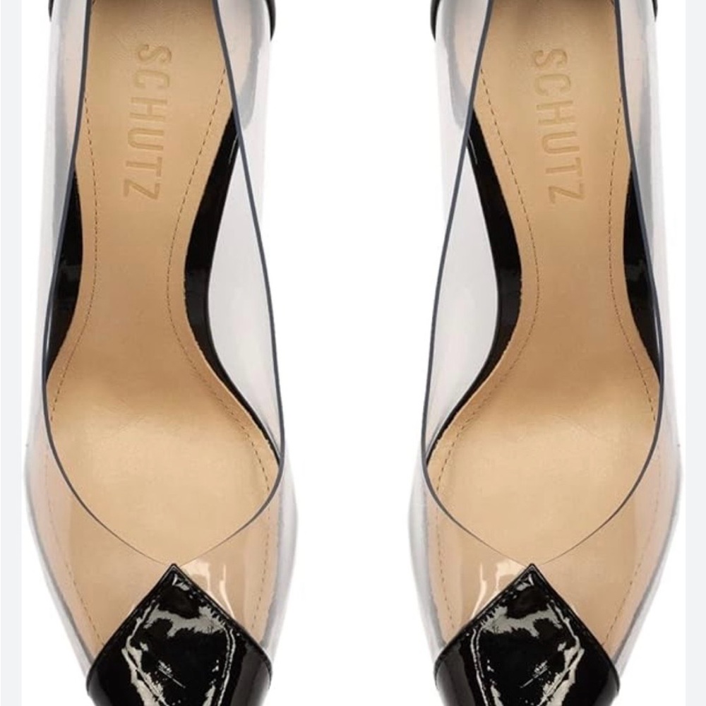 SCHUTZ Black Patent and Clear Pointed Toe Pumps
